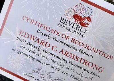 Certificate of Recognition naming Edward C. Armstrong the 2024 Beverly Homecoming Hometown Hero